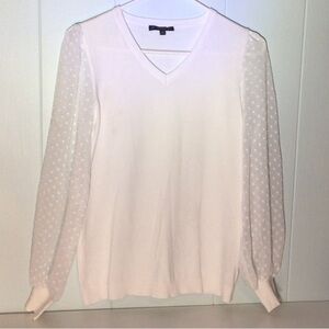 Adrianna Papell White V-Neck Knit Top with Flowing Dotted Sleeves